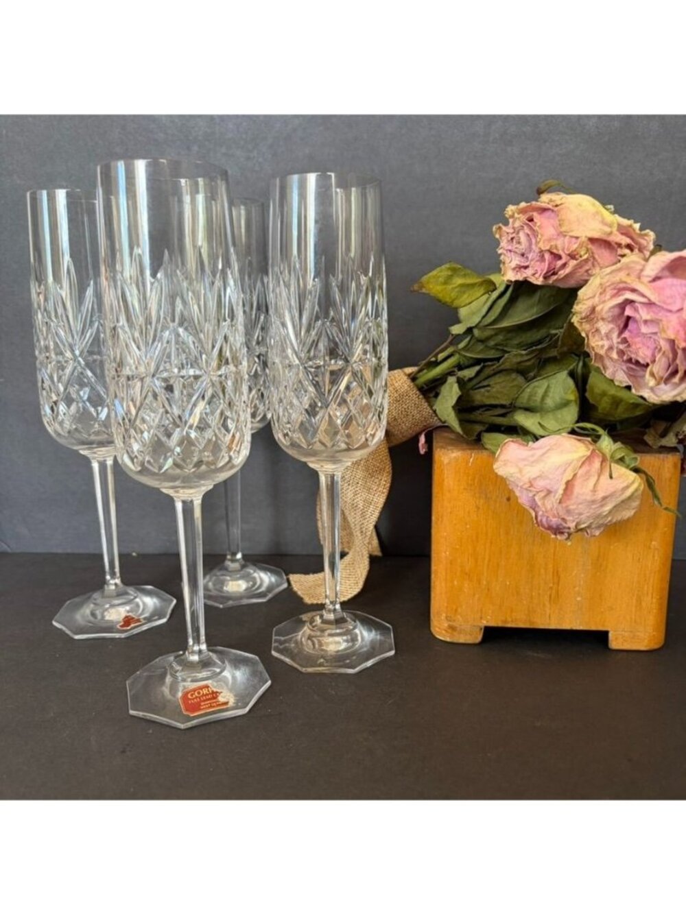 Set of 4 Vtg Gorham Lead Crystal Champagne Flutes Diamond Pattern West Germany